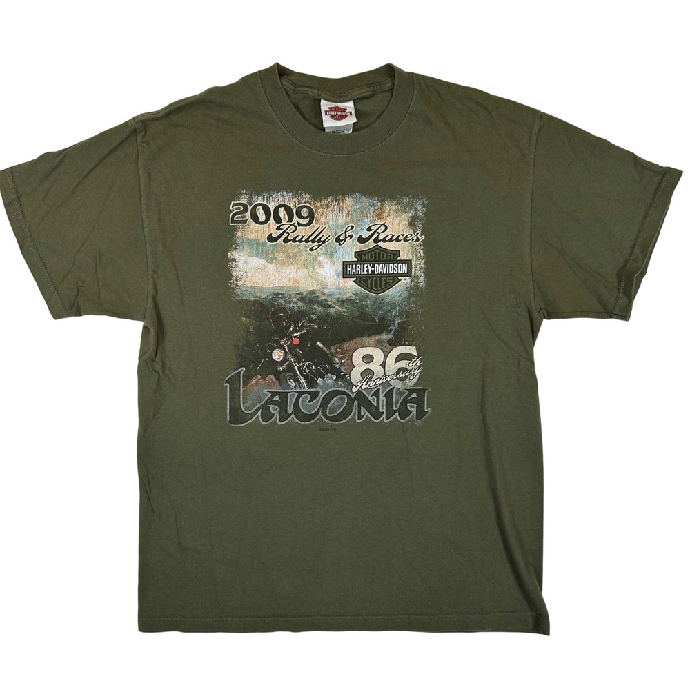 Harley Davidson 2009 Laconia Rally Races T-Shirt Mens Large Olive Green USA Made